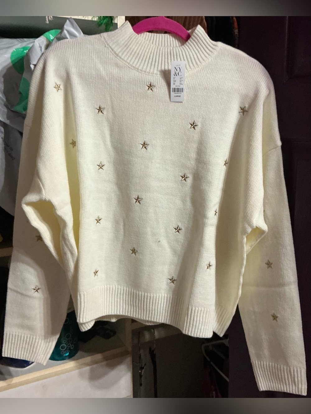 New York & Company Cream Star-Embellished Turtleneck Sweater